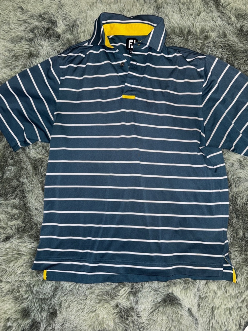 FootJoy Navy and White Striped Polo with Yellow Trim